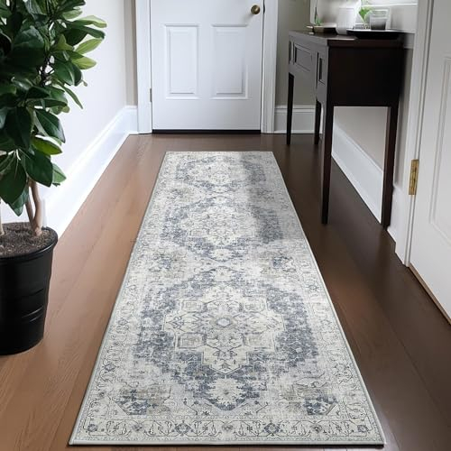 TOPICK Läufer 60x180cm Grau Flur Floral Teppich Waschbar Superdünne Faltbar Vintage Blumenteppich Kurzflor Orientalischer Küchenteppich Eingangsmatte Büro Teppichläufer