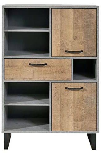 Home4You Highboard - Betondekor - Eiche rustikal Dekor - B 90 cm - 2 Türen - 1 Schublade