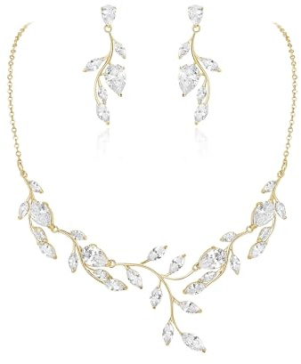 EVER FAITH Hochzeit Schmuck für Braut Brautjungfer Zirkonia Birne geformt Geburtsstein Blatt Halskette Ohrringe Set für Prom