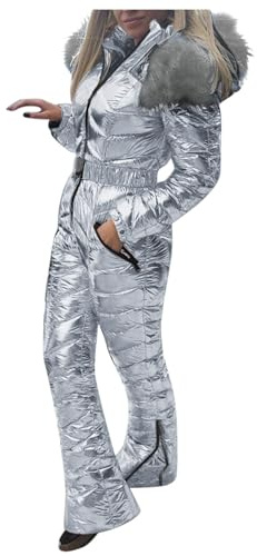Tuta da sci da donna, un pezzo, calda, tuta da sci invernale calda, tuta da sci con cappuccio, cerniera, tuta da sci impermeabile, tuta da sci da snowboard, Argento, S