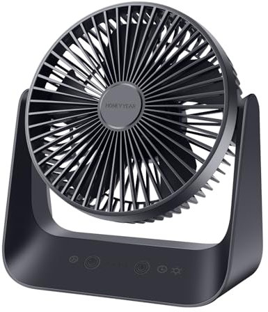 HONEYYEAR Desk Fan with Temperature control mode, 5000mAh USB Table Fan, 5 Speeds with Strong Airflow, Rechargeable Battery Operated Fan with Light & Hook for Bedroom Office Home Travel Camping blue