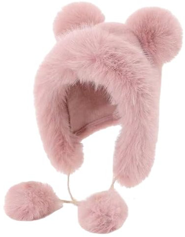 zuousxbs Pelzige Cartoon-Kopfbedeckung mit Pompons für Outdoor-Sportarten, Pelzmütze mit Ohren, übergroße Kopfbedeckung, Mütze für den Winter