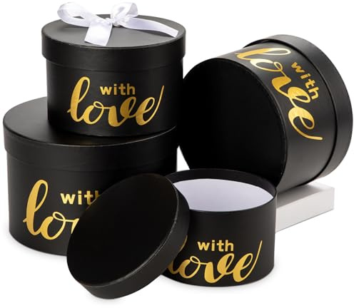 Runde Geschenkboxen mit Deckel – 4er Set Stapelbare Schwarze Geschenkboxen aus Karton für Hochzeit, Geburtstag, Weihnachten & Valentinstag Mutterstag – Geschenkverpackung