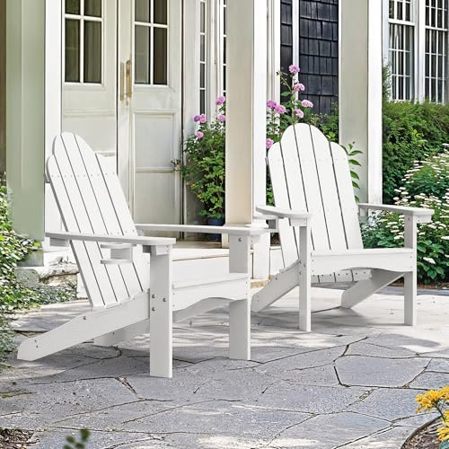 LUE BONA Adirondack Stuh 2er Set,Wetterfester Adirondack Chair aus Kunststoff,mit Becherhalter,Moderner Kunststoffstuhl für Terrasse,Garten,89 x 76 x 92cm,Tragfähigkeit 180kg,Weiß