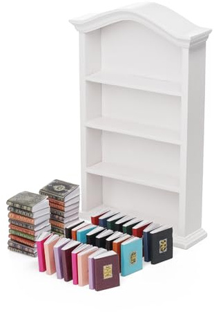 Odoria Wichtel Zubehör Miniatur Bücherregal: 43Stk 1/12 Maßstab Puppenhaus Papier Bücher Regal Vintage Für Bibliothek Schule Büro Viktorianisch - Mini Buch Wohnzimmer Möbel Weiß Holz Antik Retro DIY