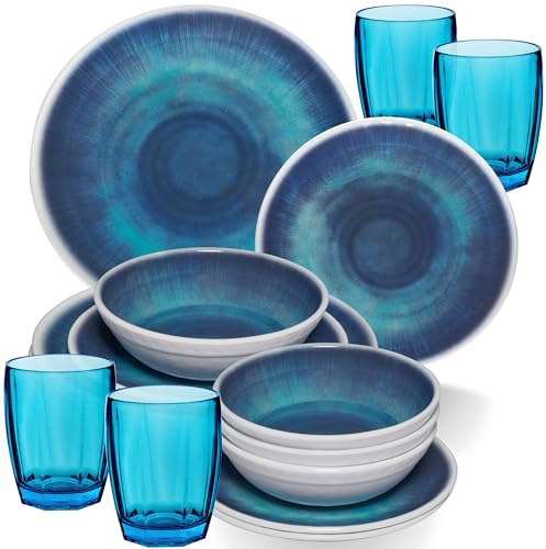 Melamin Geschirr Set Jesolo Blau für 4 Personen - 16 Teile - mit farblich passenden Trinkgläsern 320ml aus Acryl Campinggeschirr Geschirrset Tafelgeschirr Camping modernes Melamingeschirr bunt