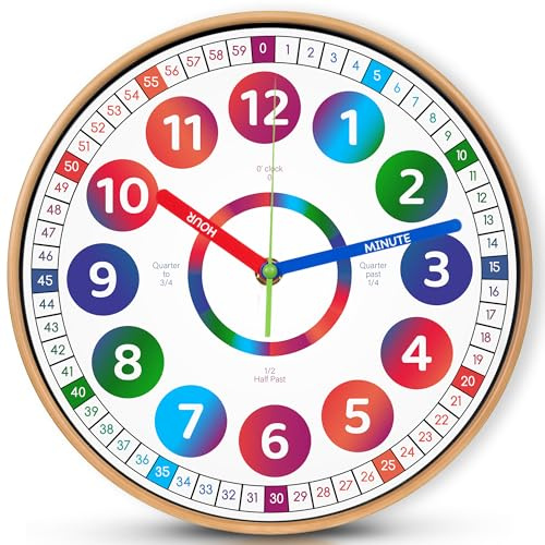 FB FunkyBuys Learning Clock for Kids - 10 Inches Silent Non-Ticking Kids Clocks for Bedrooms - Colorful Decorative Educational Time Teaching Clock