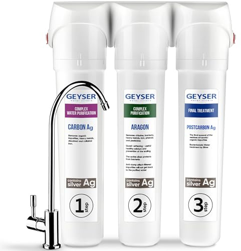 GEYSER SMART – Filtre Eau Sous Évier Compact avec Cartouches Filtrantes 3 Étapes, Technologie ARAGON + CATALON, Purificateur Eau Potable, Installation Facile, Kit Complet avec Robinet (Durée 12 Mois)