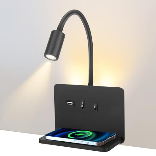 Strixorn Lampe de Lecture Murale avec Chargeur sans fil, 9W+3W Applique Tete de Lit avec Interrupteur et Recharge USB, Lampe de Lecture Murales Liseuse Flexible Moderne Applique Murale Chambre (NOIR)