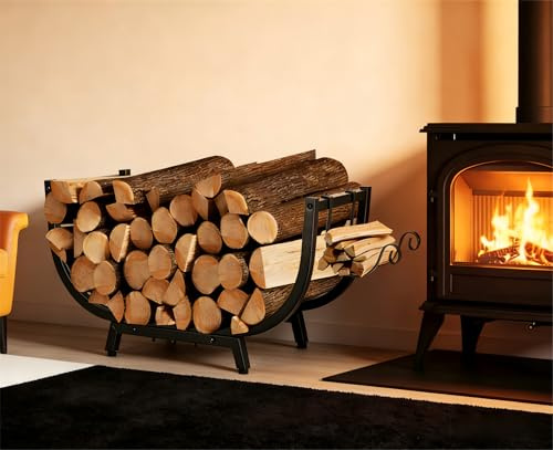 U-shaped Firewood Rack, Metal Indoor Firewood Holder, Black Wood Basket | Kendane Heavy-Duty U-Shaped Metal Firewood Rack, Indoor & Outdoor Log Holder for Garden and Patio