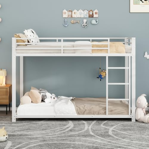 OOIILLEE Lit Superposé Classique en Métal pour Enfants avec Escalier et Barrière de Sécurité, Cadre Durable pour Chambres d'enfants et Adolescents (Blanc 90cm*200cm)