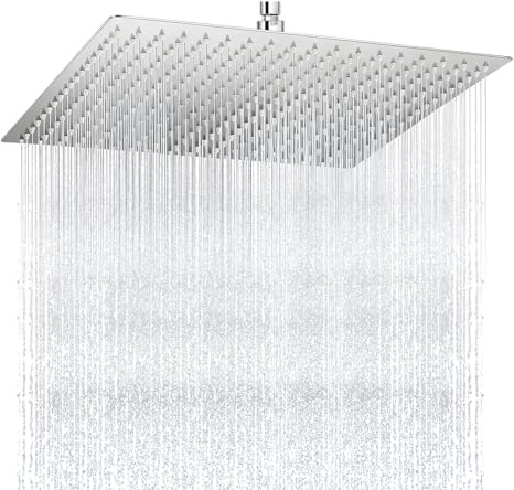 Square Rainfall Shower Head, 16 Inch Extra Large Overhead Fixed Rain Showerhead for Full Body Coverage, High Pressure Stainless Steel with Adjustable Swivel Ball Joint G1/2 Universal Fitting (Silver)