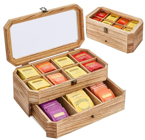 YIYYZI Tea Bag Organizer, Solid Wood 2 Layer Tea Box Organizer Storage, Christmas Gift Tea Bag Holder with Drawer Acrylic Window, Tea Organizer Caddy