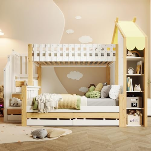 VIVCA Letto a castello 90 x 200 + 140 x 200 cm, griglia per il letto, scaletta per la casa, 2 cassetti, recinzione irregolare, senza materasso, bianco e naturale