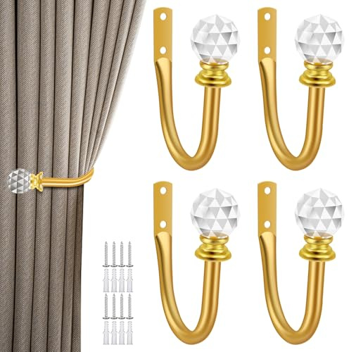 4 Stück Vorhang Raffhalter für Vorhänge, dekorative Vorhanghalter Wand mit Acryl-Kristallkugel, U-Form Gardinenraffer, Vorhang Halterungen, Curtain Holder für Zuhause Wohnzimmer Schlafzimmer(4,golden)