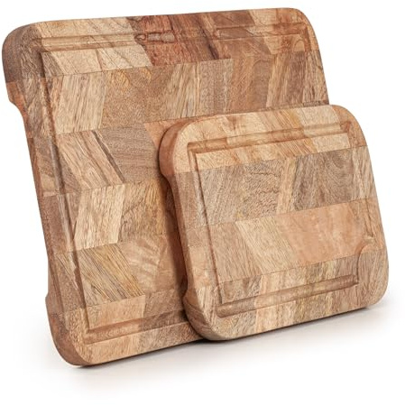 Woodluv Mango Wood Chopping Cutting Board Set of 2 - Strong, Durable & Hard Wearing Serving Chopping Board with Juice Grooves