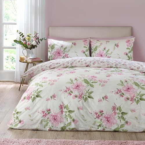 Catherine Lansfield Avebury Parure de lit réversible avec Housse de Couette et taies d'oreiller Motif Floral Crème