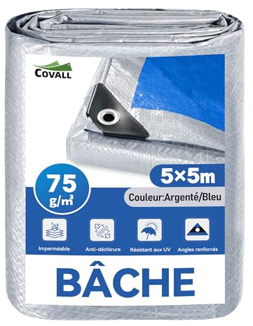 COVALL Bâche 5X5m 75g/m² Bâche de Protection extérieure imperméable | Bâche Double Face Bleu Argenté,résistante au gel et aux UV, pour jardin, tonnelle, camping, meubles, abri de jardin