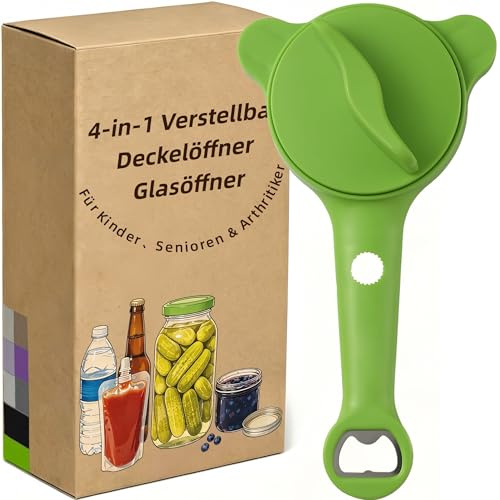 Locköppnare | 4-i-1 multifunktionell glasöppnare justerbar 2,5–9 cm | för äldre och artrit | Lätt att öppna glas, flaskor och skruvlock | kökshjälp med hävstångseffekt (grön)