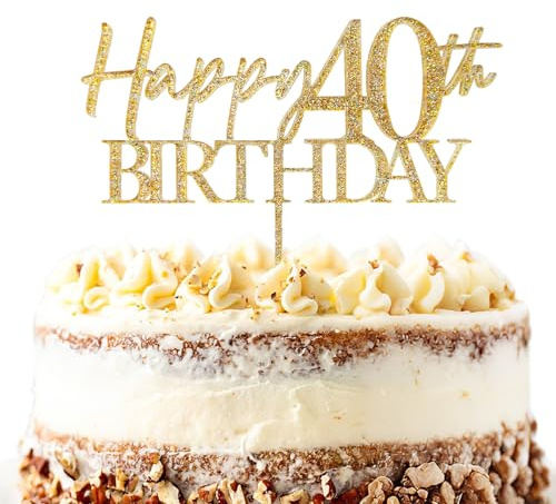 Happy 40th Birthday Cake Topper, Gold Glitter 40th Birthday Cake Decoration