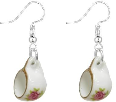 Ceramic Teacup Dangle Hook Earrings for Women, Blue White Hand-Painted Porcelain Floral Pattern Design - 3.9cm Lightweight Statement Drop, Fashion Trendy Vintage Style Jewellery