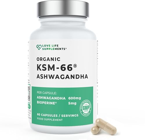High Strength Organic Ashwagandha KSM-66®, 600mg per Capsule, 2 Month Supply - 60 Capsules, 5% Withanolides, Bioperine® for Increased Absorption, Zero Fillers, Lab Tested - Love Life Supplements