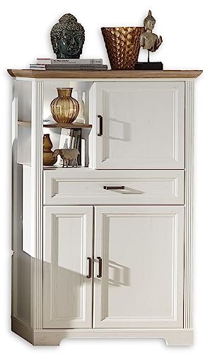 Stella Trading Stauraumelement in Pinie hell, Artisan Eiche Optik - Wohnzimmerschrank mit LED-Beleuchtung und viel Stauraum im Landhausstil - 93 x 150 x 42 cm (B/H/T) | 93 x 150 x 42 cm (B/H/T), weiße LED-Beleuchtung, eine Schublade, Türen, zwei offene Fächer, Landhausstil, Wohnzimmer
