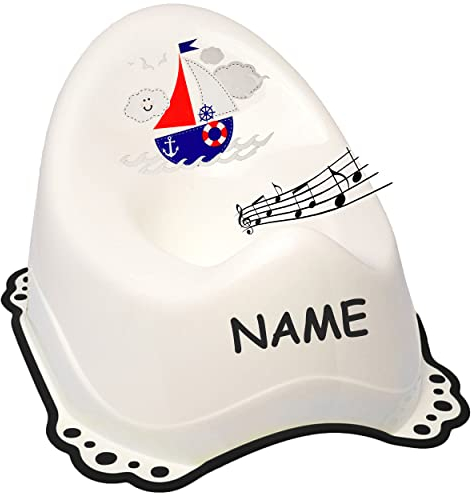 alles-meine.de GmbH Musik & Sound - Anti RUTSCH - Töpfchen/Nachttopf/Babytopf - weiß - schwarz Schiff - Boot inkl. Name - Bieco - Melody - mit großer Lehne + Spritzschutz..