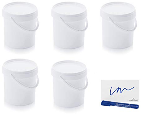Markesystem - Secchio ermetico per catering. Confezione da 5 x 1,18 litri Secchi di plastica con coperchio. Contenitori impilabili. Alimenti, liquidi e vernici. Polipropilene bianco + kit etichettato