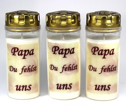 3er Set Grabkerzen Papa, (16x6 cm) - Grablicht mit 4 Tage Brenndauer - (3907) - Wetterfestes Trauerlicht mit Sturmdeckel - Hochwertige Trauerkerze - Edle Gedenkkerze aus Deutschland