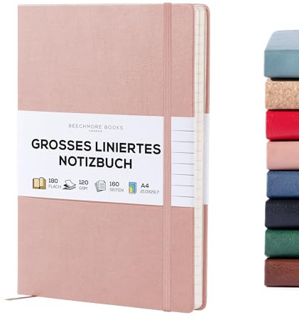 Beechmore Books Notizbuch liniert - XL A4, Rosa I Premium Hardcover Journal Buch aus veganem Leder, 120gsm creme Papier, Geschenkbox, für Schriftsteller, Journalisten, Meetings & Studenten