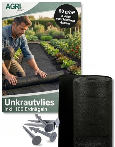 AGRI plus Unkrautvlies mit 100 Erdnägeln I 1,2 x 25 m I Verschiedene Maße I 50 g/m² Gartenvlies I UV-beständig, reißfest & wasserdurchlässig I Effektive Unkrautkontrolle für Beete & Mulchflächen
