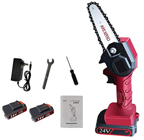 Mini tronçonneuse électrique 2 * 24V coupe-bois alimenté par batterie scie à chaîne à main outil électrique pour la coupe du bois,l'élagage et l'exploitation forestière des arbres fruitiers(rouge)