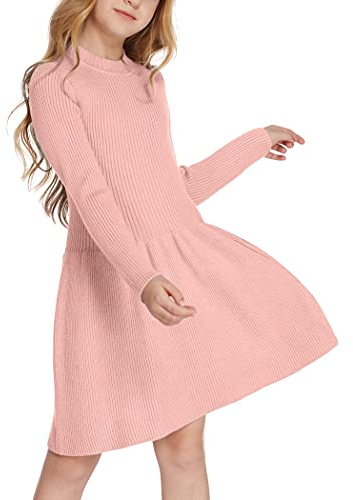 Arshiner Flicktröja klänning höst vinter klänning långärmad stickad klänning flare skater klänning A-linje enfärgad basic barn fritidsklänning, ROSA, 150