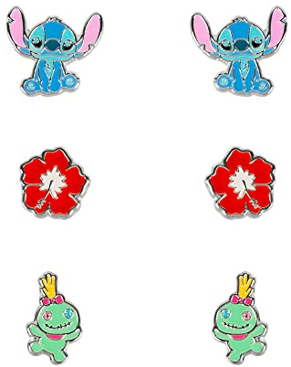 Disney Lilo & Stitch - Juego de orejetas trío azul, rojo y verde SF00468SL, talla única, Latón, No es una piedra preciosa