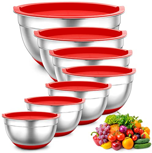 TEAMFAR Rührschüssel 7er Set, Edelstahl Schüssel Salatschüssel Set Rot