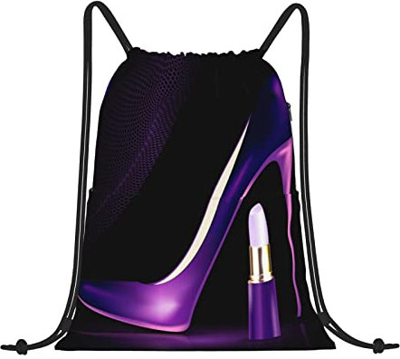 Paris Wasserdichter Turnbeutel mit Kordelzug, Turnbeutel, Sportrucksack für Herren, Damen, Mädchen, für Party, Sport, Reise, Elegante lila High Heels mit Lippenstift, Einheitsgröße