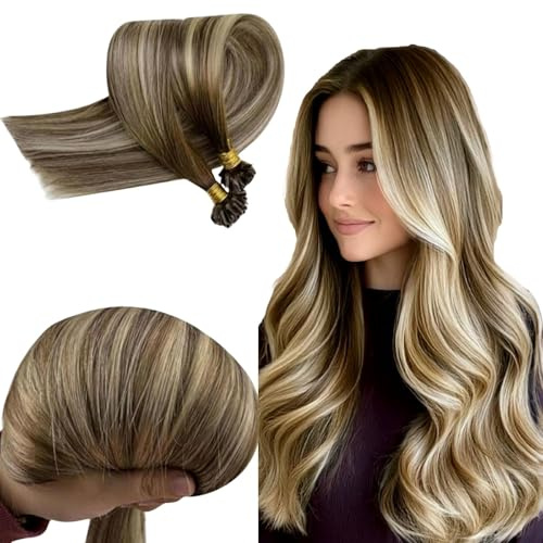 RUNATURE Extensions Echthaar Bondings 45cm U Tip Braun Balayage Blond 50 Strähne Keratin Haarverlängerung 50g #3/8/22