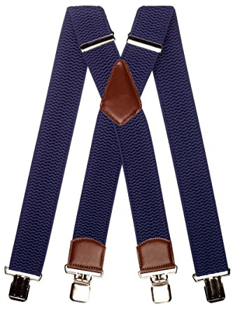 Olata Herren-Hosenträger in X-Form, mit braunen Lederdetails, 50 mm | 50-mm-Hosenträger in X-Form mit braunem Leder und starken Clips; sicherer Halt für Arbeit oder elegante Kleidung.