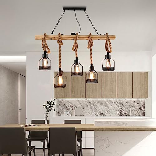 BBWO Vintage Holz Pendelleuchte Esstischlampe E27*5 Kronleuchter Höhenverstellbar Hängelampe Hanfseil DIY Verstellbare Hängeleuchte Eisen Pendelampe Wohnzimmer Küche Bar Deckenleuchte 100CM