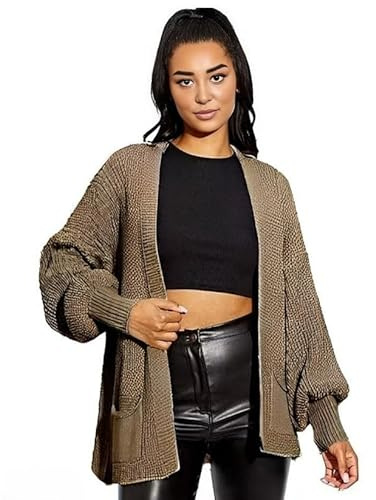 HUBIBUBI Women's Open Front Chunky Two Pockets Long Sleeve Cable Knitted Cardigans Ladies Oversized Balloon Sleeve Short Pockets Knitted Cardigans UK 8 to 18 Mocha
