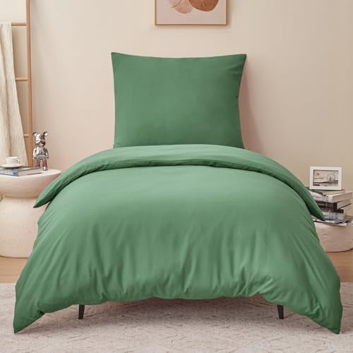 RUIKASI Housse de Couette 140x200 cm Sauge Vert avec Fermeture Éclair – Parure de Lit 1 Personne pour Lit 90x190 avec 1 Taie d'oreiller 65x65 cm – Ensemble en Microfibre Infroissable