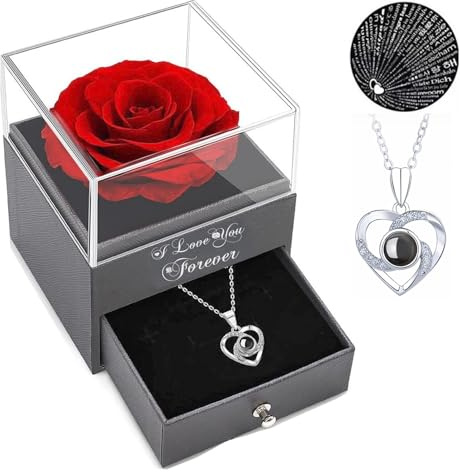 Cadeau Fete Des Meres - Saint Valentin Femme - Cadeaux de Noël pour femme – Rose rouge avec collier « I Love You » - Fleurs - Cadeau pour femme, maman, épouse et petite amie pour la Saint-Valentin