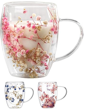 Huasean 3 Dried Flowers Double Walled Glass Coffee Mug,Insulated Glass Coffee Cups with Handle,Flower Glass Tea Cup,Heat Resistant Cappuccino Latte Macchiato Glasses for Mum Wife Her Friend,350ml