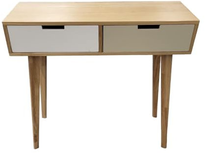 ITEM international Console de Bureau scandinave hévéa Blanc Naturel et Taupe 2 tiroirs