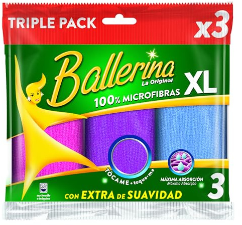 Ballerina Bayeta Microfibra XL 32×36 cm | Pack 3 Unidades | Multi-Colores | Bordes Cosidos, Alta Absorción y Resistencia | Extra Suavidad | Atrapa Polvo y Grasa | Lavable 60°