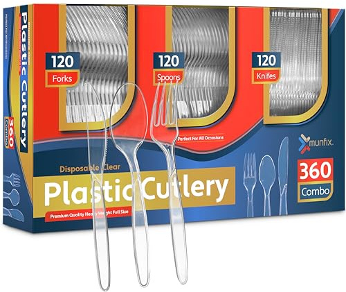 360 Count Plastic Silverware Set, 120 Clear Forks, 120 Spoons, 120 Knives, Heavy Duty BPA Free Disposable Plastic Cutlery Set, Premium Clear Plasticware for Party Supplies