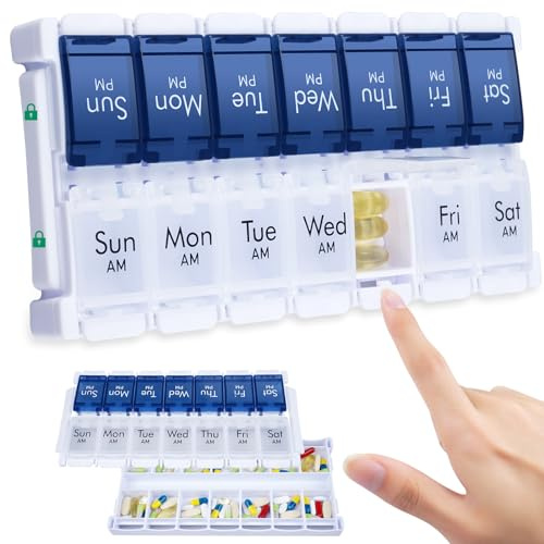 CSTDE Weekly Pill Organiser 2 Times a Day, Easy Fill Large Pill Box, Blue