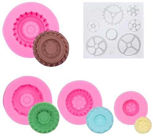 Bekecidi Silikonformen für Autoreifen, LKW, Rad, Schokolade, 3D-Reifen, Kuchen, Fondant, Zahnrad-Form, Silikon-Backformen für DIY, Süßigkeiten, Gelee, Seife, Auto-Kuchendekorationen, 5 Stück