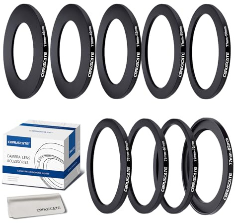 9 Stück 77mm Filterring Adapter-Set,Filter-Metall-Trittringe für alle Marken,UV ND CPL 77-46mm,77-49mm,77-52mm,77-55mm,77-58mm,77-62mm,77-67mm,77-72mm,77-82mm+1pcs Objektivreinigungstuch